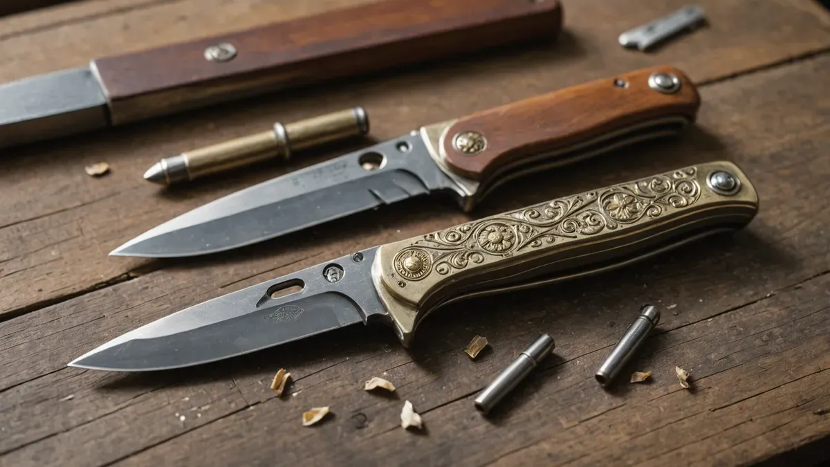 Couteau pliant à manche en bois clair posé ouvert sur un établi de coutelier, limes et copeaux d'acier autour