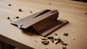 Fine feuille de placage de noyer soulevée au-dessus d'une planche de noyer, sur un établi de bois clair couvert de copeaux