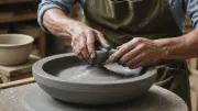 Mains d'un tourneur centrant une boule de terre sur un tour de potier, tablier et bassine d'eau au premier plan