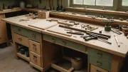 Établi d'ébéniste avec un assemblage à queues d'aronde en cours de montage, serre-joints et copeaux de bois clair