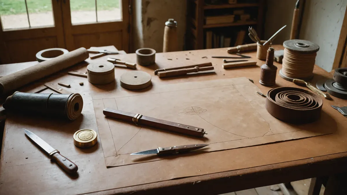 Plan de travail de maroquinier avec une pièce de cuir fauve tracée, alêne, fil de lin ciré et pince à parer
