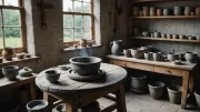 Tour de potier et pièces de grès en cours de séchage sur une étagère d'atelier, lumière naturelle
