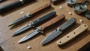 Trois couteaux pliants à manches de bois posés côte à côte sur un établi de coutelier, près d'une pierre à aiguiser et de copeaux d'acier