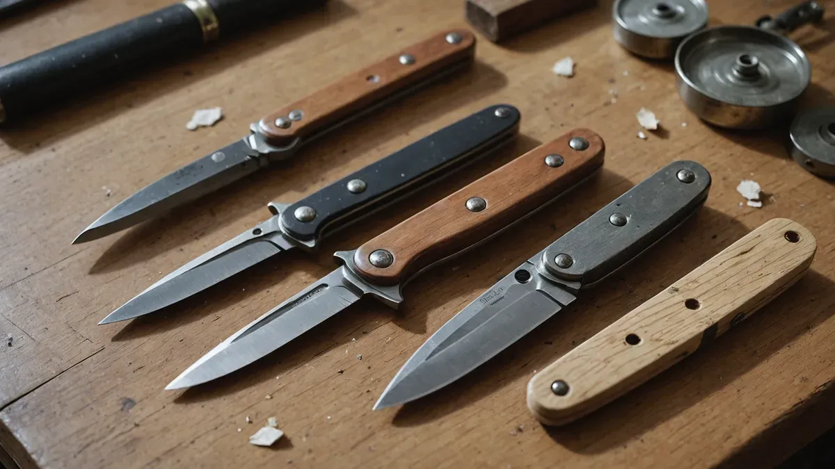 Trois couteaux pliants à manches de bois posés côte à côte sur un établi de coutelier, près d'une pierre à aiguiser et de copeaux d'acier