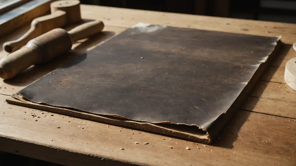 Panneau de cuir brun posé sur un établi de bois clair en lumière rasante, tranche fibreuse visible et maillets d'atelier à l'arrière-plan
