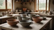 Pièces de grès crues posées sur une planche d'atelier près d'un four à céramique entrouvert, lumière de fin d'après-midi