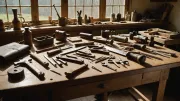 Établi d'atelier avec outils de maroquinier et chutes de cuir, lumière rasante de fin d'après-midi
