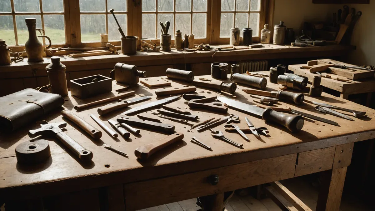 Établi d'atelier avec outils de maroquinier et chutes de cuir, lumière rasante de fin d'après-midi