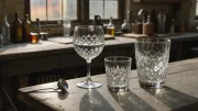 Un verre à pied et deux gobelets à taille losangée posés sur un établi en bois, dans la lumière d'une fenêtre d'atelier