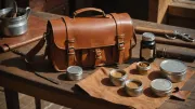 Sac en cuir naturel patiné posé sur un établi de maroquinier, à côté d'un chiffon doux et d'un pot de baume