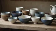 Bols et assiettes en grès, faïence et porcelaine alignés sur une étagère en bois dans un atelier de céramique