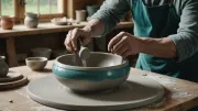 Mains d'un céramiste façonnant une pièce en grès sur un tour, dans un atelier éclairé par la lumière du jour