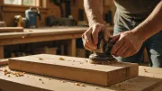 Adulte vu de dos travaillant une pièce de bois à l'établi dans un atelier de formation, copeaux au premier plan