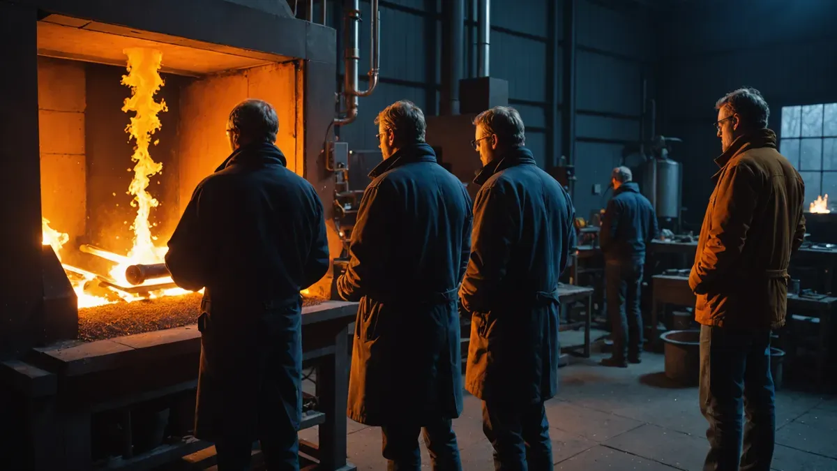 Visiteurs vus de dos observant un souffleur de verre au travail devant son four incandescent lors d'une porte ouverte